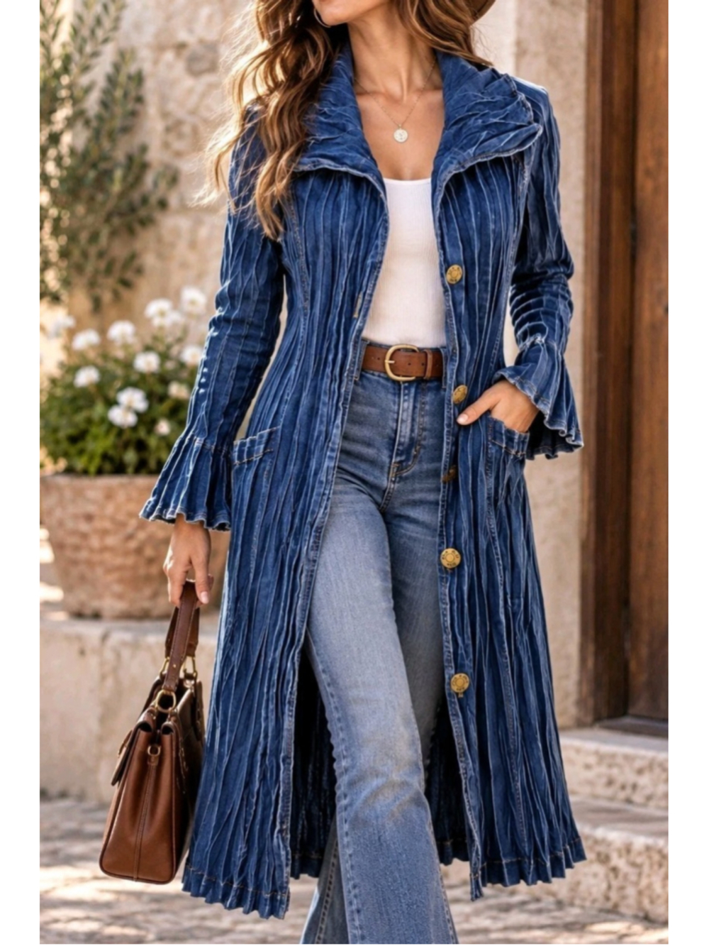 Flair Denim Duster Coat M Pleated Crinkle Long Jacket Lagenlook Artsy Boho Y2K